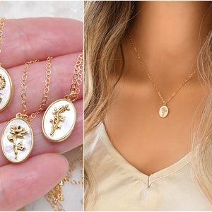 Collar con flores del mes de nacimiento, cadena bañada en oro de 14 k, colgante de nácar, delicado regalo personalizado, regalo de dama de honor, regalo de cumpleaños, botánico