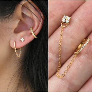 Connected earrings, gold Huggies Hoop & cubic zirconia flower stud, cz diamonds, double-piercings set, 14k gold filled chain, combo two (2)