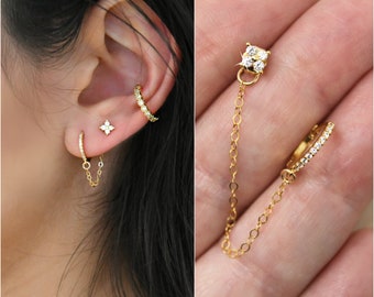 Connected earrings, gold Huggies Hoop & cubic zirconia flower stud, cz diamonds, double-piercings set, 14k gold filled chain, combo two (2)
