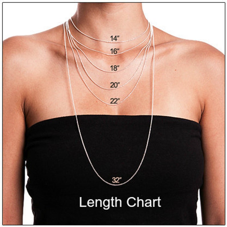 May include: A necklace length chart showing various chain lengths: 14", 16", 18", 20", 22", and 32". The chart is displayed against a person's torso, with the chains illustrating how each length would hang. The text "Length Chart" is at the bottom.