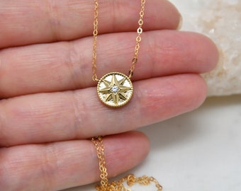 North Star coin necklace, 14k gold filled chain, celestial starburst, cubic zirconia pendant, cz diamond stones, layering, Christmas gift