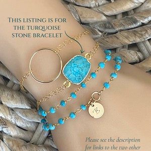 Turquoise slice bracelet, 14k Gold filled double chain bracelet, 24k gold Electroplated Edge Raw gemstone, Christmas gift image 2
