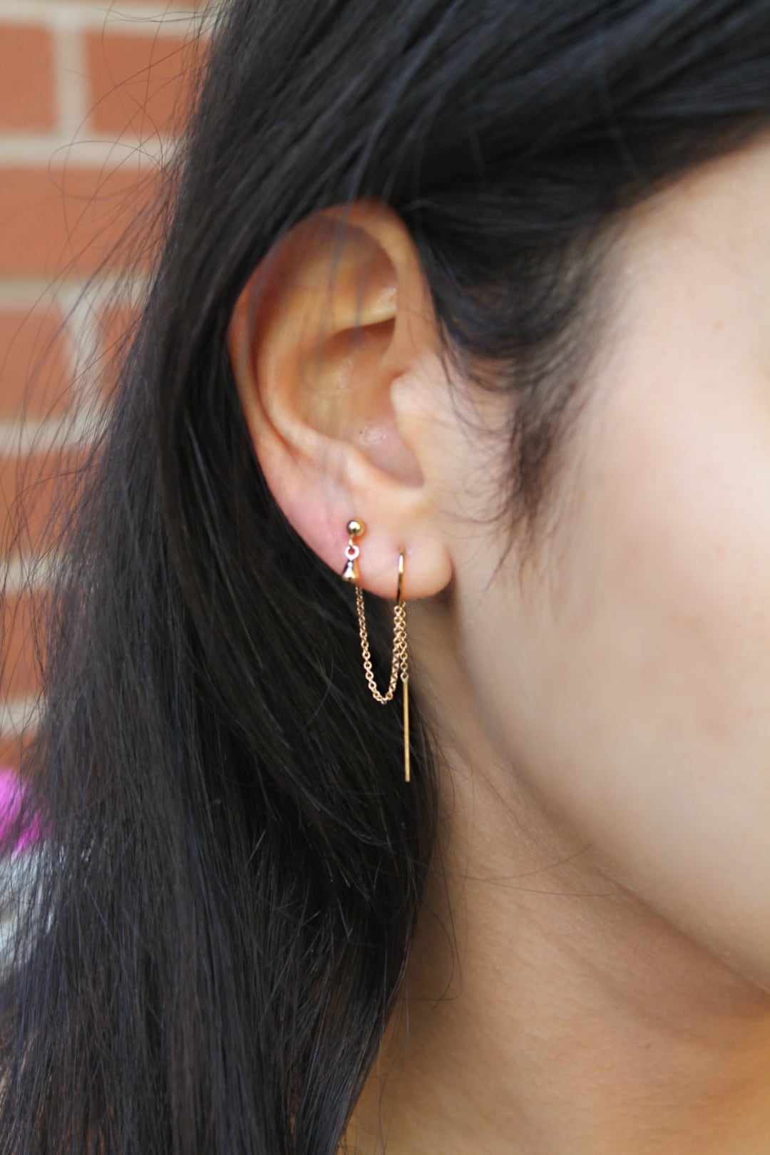 Threader Earrings, 14k Gold Filled Double Piercings Set, Threaded