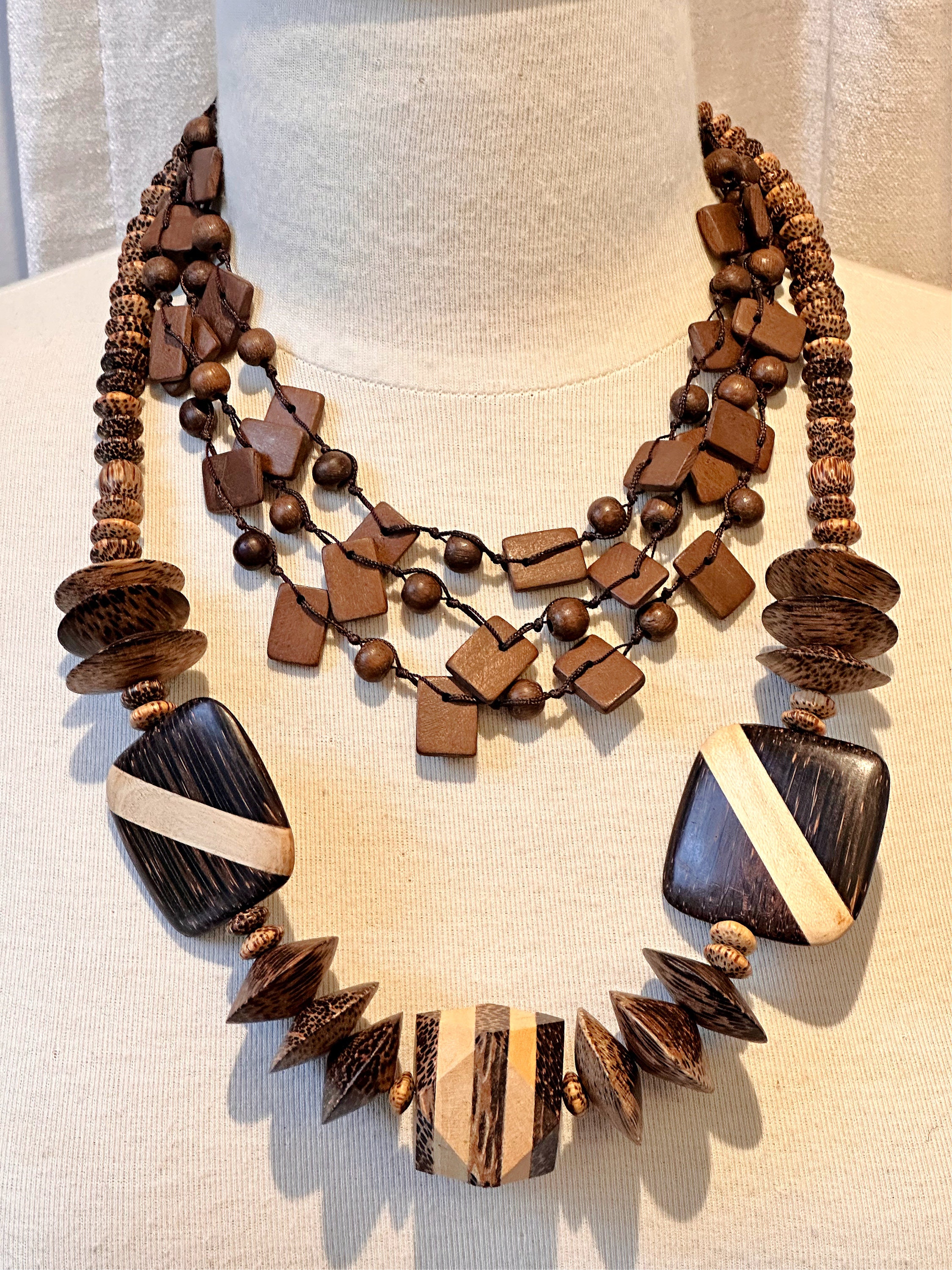 Layered Set of Two Necklaces, Brown Wooden Beads, Large  display picture 2