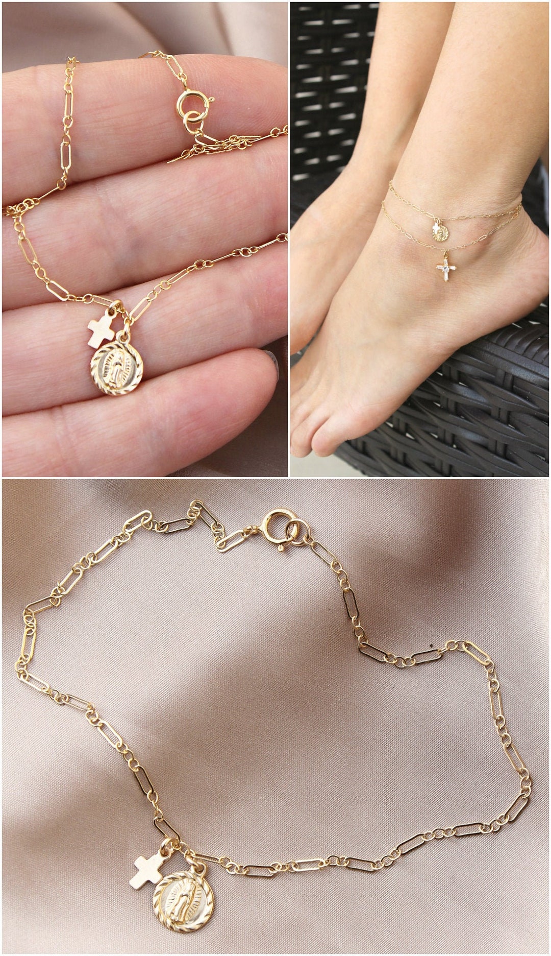 Gold Amulet & Cross Anklet, All 14K Gold Filled, Ankle Bracelet, Figaro