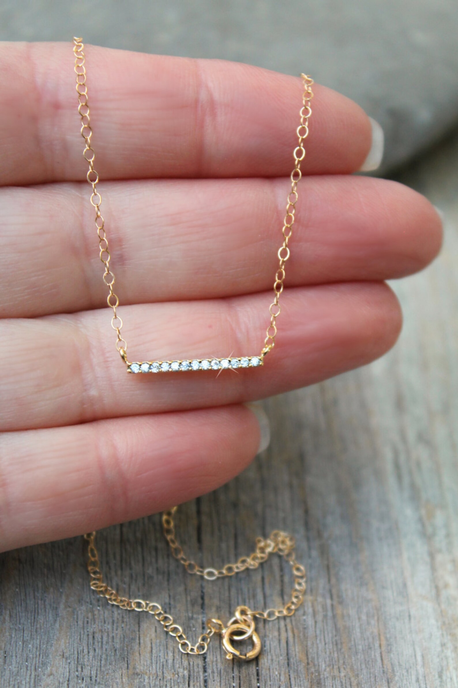 Cubic Zirconia Diamond Bar Necklace 14k Gold Filled Etsy