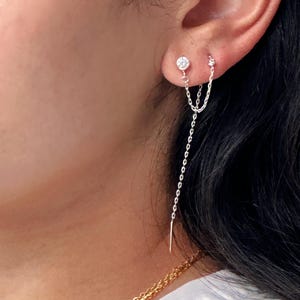 Threader earrings, 925 sterling silver, threaded cubic zirconia stud dangle, double, 2 piercings, set of two connected linked earrings