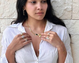 Gold Cuban chain necklace, Emerald green cubic zirconia stone, Angel Eye, Evil Eye, cz diamonds, gift for her