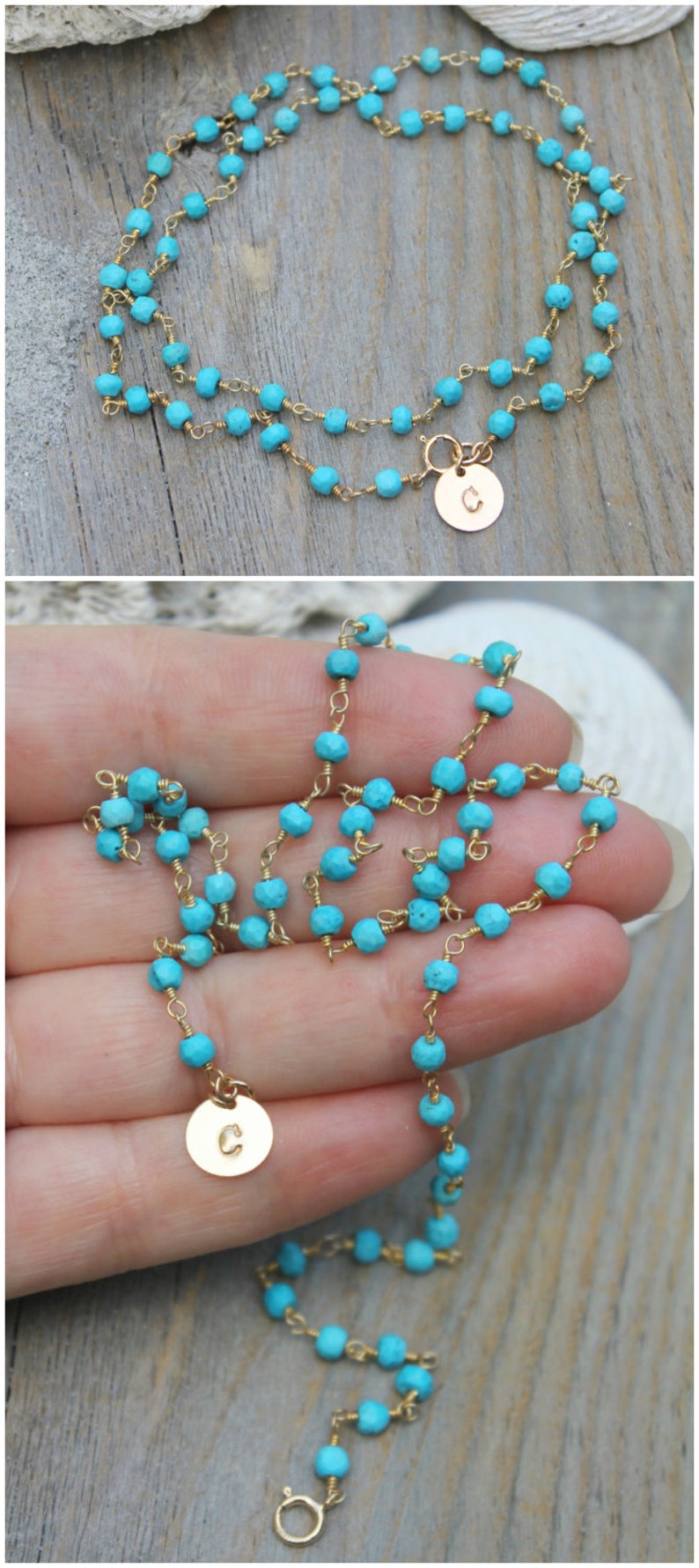 Layered Boho Chic ankle bracelet Personalized custom stamped initial disc circle Turquoise bead wrap ANKLET 14kt Gold filled,beach summer