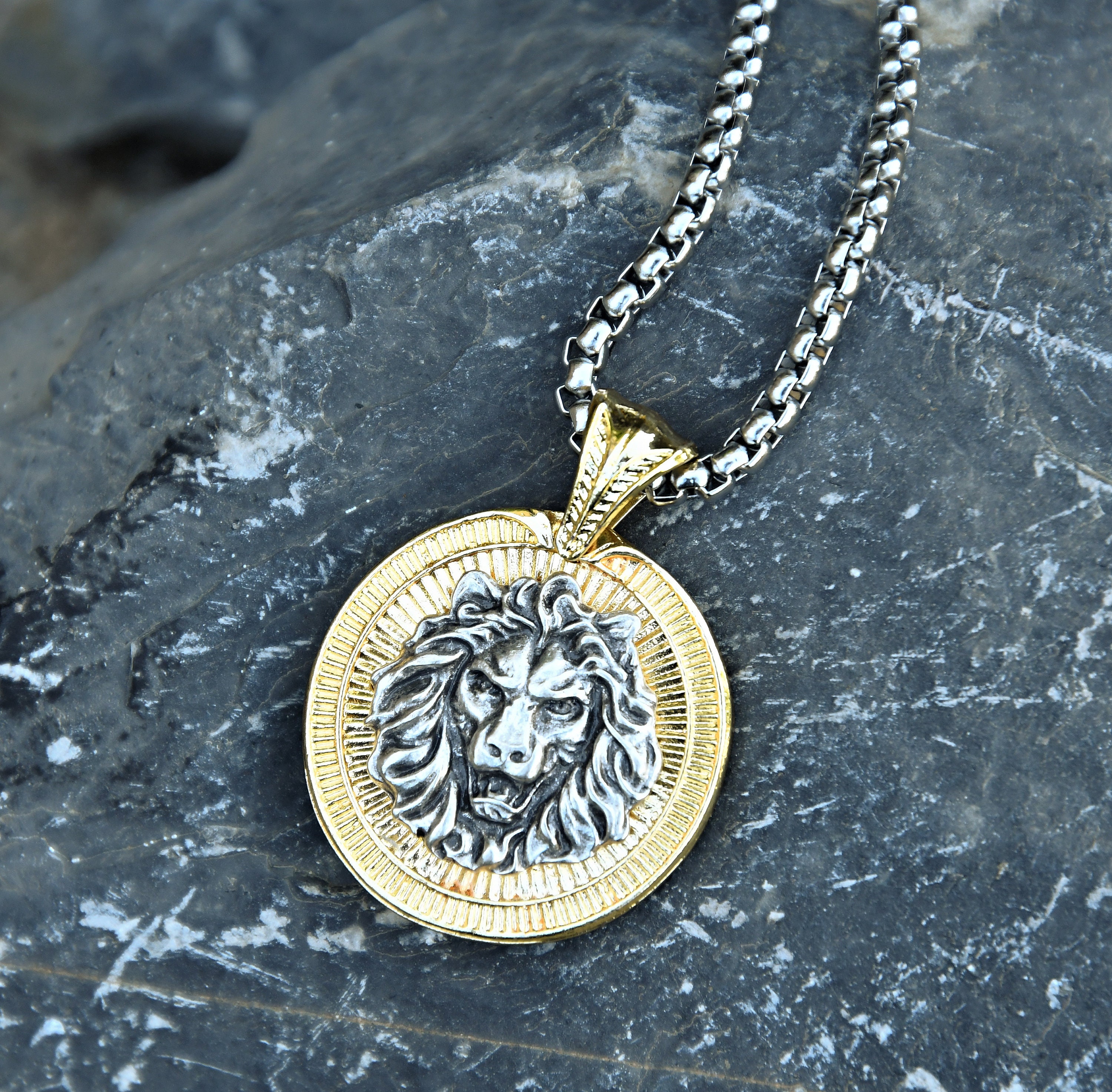 Mens Stainless Steel Lion Pendant With Cubic Zirconia