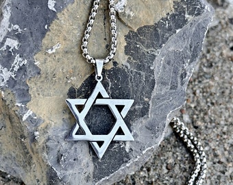 Star of David Men necklace, stainless steel Magen David, non tarnish, waterproof, men's silver tone jewellery, unisex, gift for him