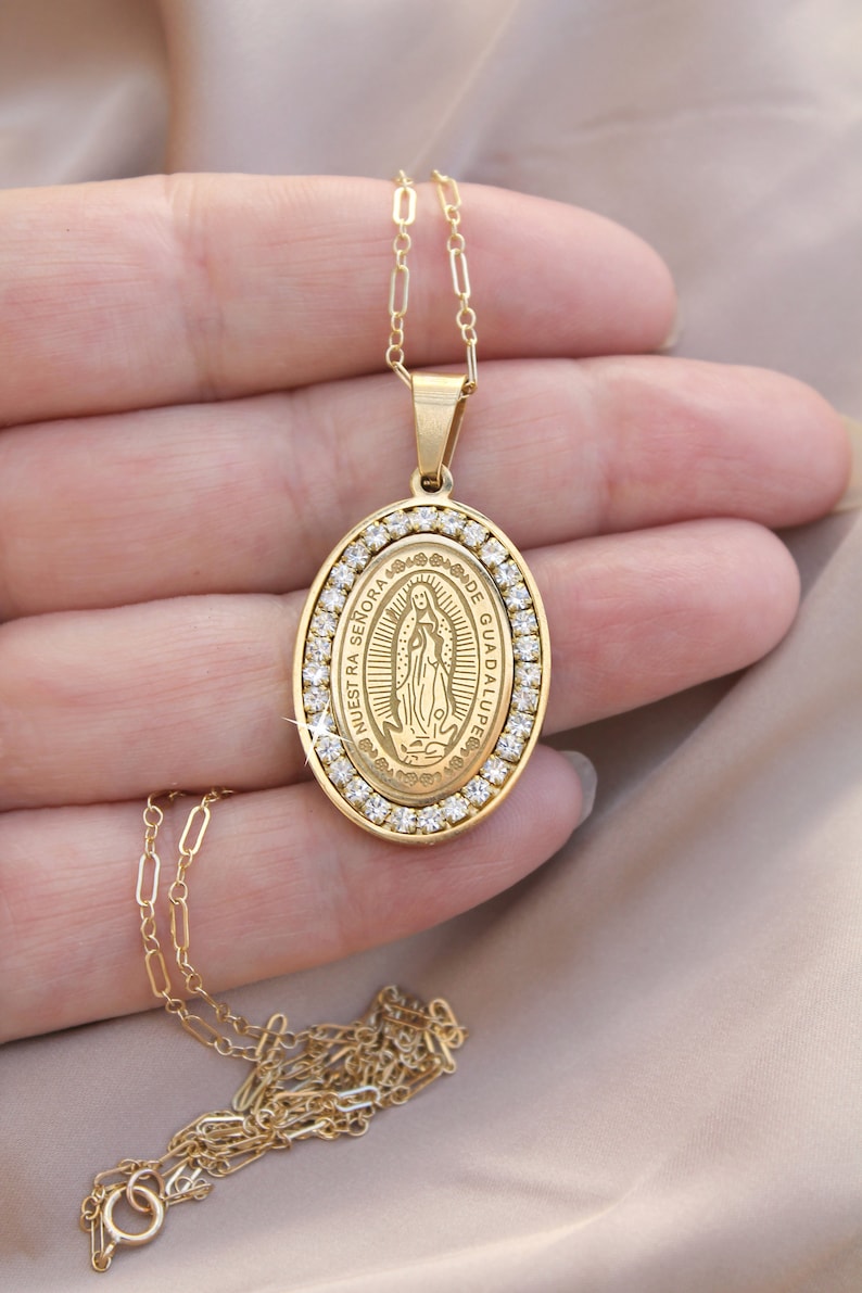 Virgin Mary necklace 14K Gold Filled Cubic Zirconia large | Etsy