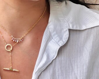 Toggle clasp necklace, cubic zirconia stones, cz diamonds, 14K Gold Filled chain, gift for her