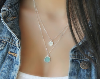 Aquamarine Sterling silver Layered Initial Necklace, sea-foam green, personalized stamped disc Double chain,two 2 strands mint,aqua blue