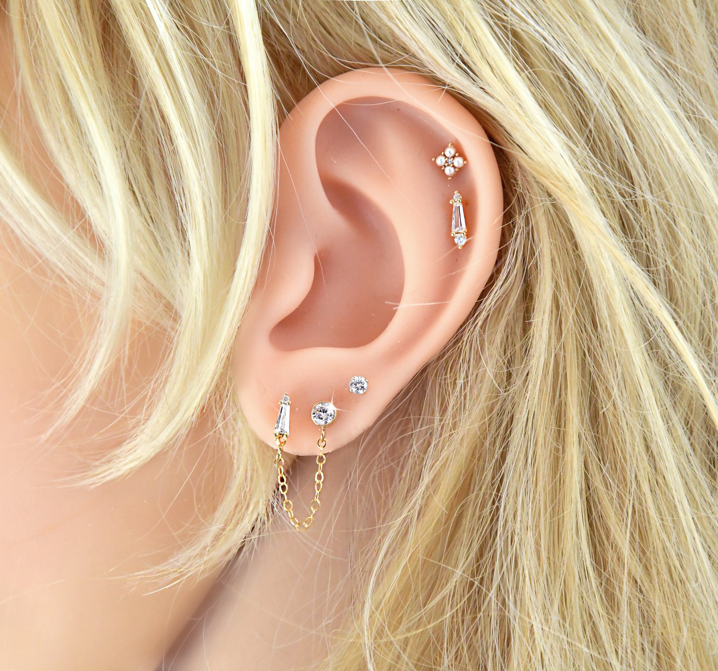 Doublepiercings Set two connected earrings 14k gold filled Etsy