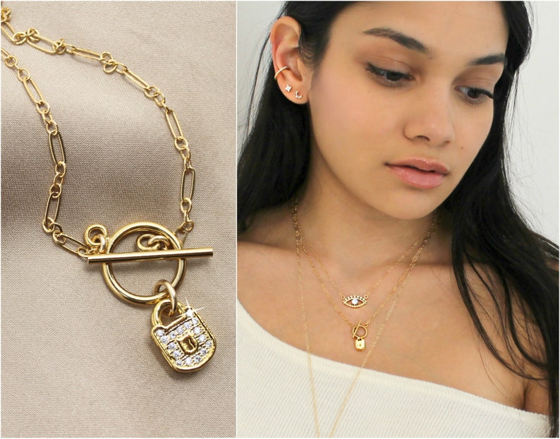 Padlock necklace gold lock toggle clasp cubic zirconia Etsy