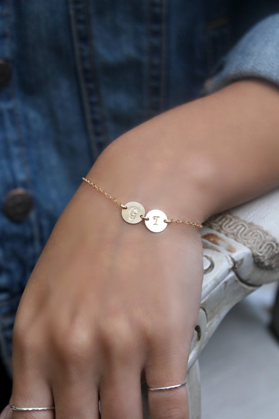  Delicate Mother Bracelet, Two Monogram Bracelet/FamilyJewelry,  Silver Disc Bracelet/Letter Jewelry, 1 2 3 Initial Circle Bracelet Gold :  Handmade Products