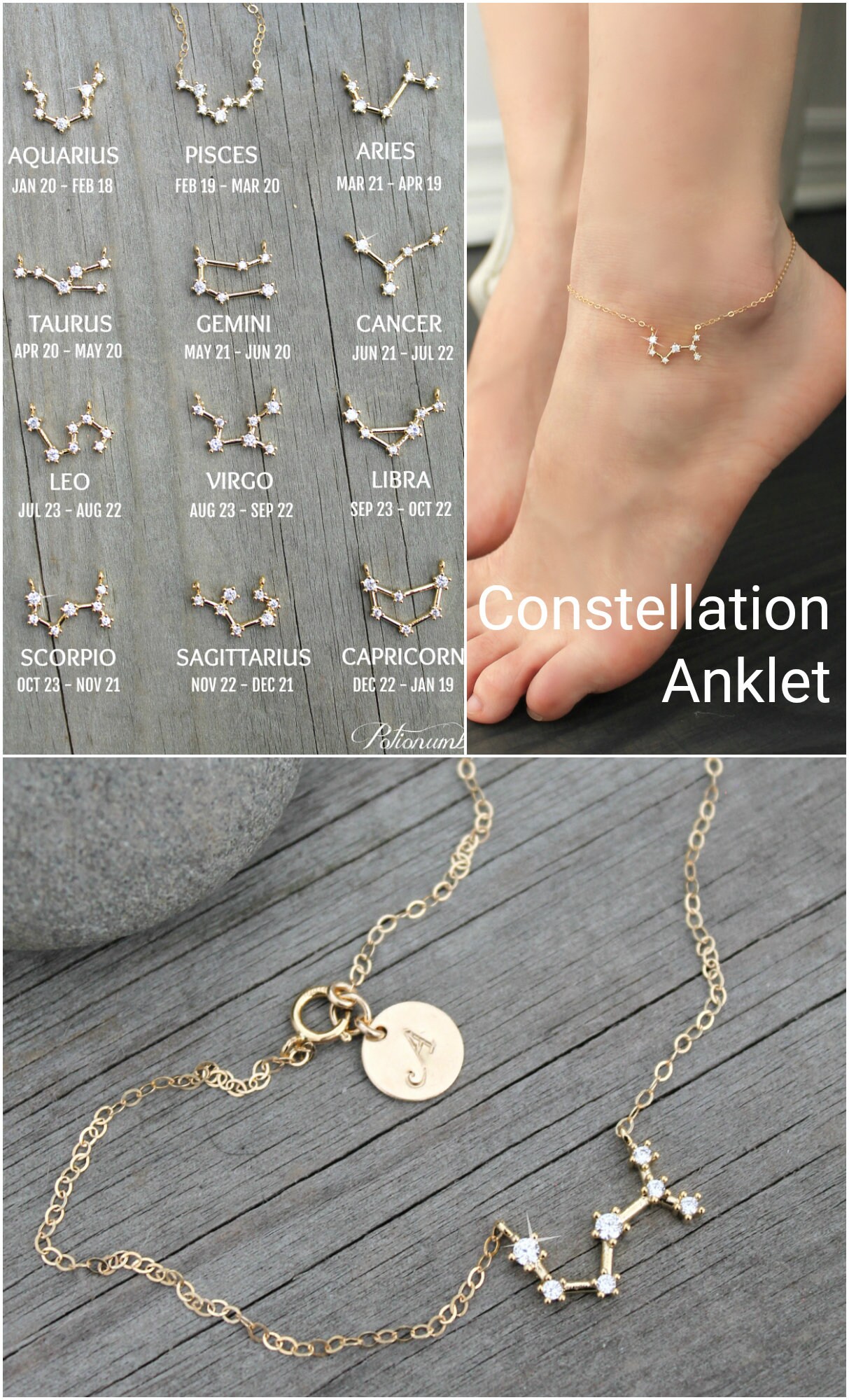 Konstellation ANKLET Kubische Zirkonia Diamanten 14 k gold gefullt cz Himmlischen Sternzeichen Knochel Armband Kette personalisierte Initiale Brautjungfern Etsy