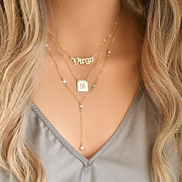 Lariat "Y" Necklace, cubic zirconia diamonds, long delicate layering necklace, all 14k gold filled, Diamond Star Droplet Necklace