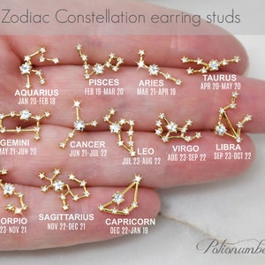 Zodiac Constellation Earring studs, Celestial Cubic zirconia diamonds, dainty personalized bridesmaids gift, gold earrings, Potionumber9