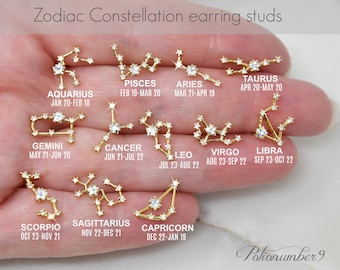 Zodiac Constellation Earring studs, Celestial Cubic zirconia diamonds, dainty personalized bridesmaids gift, gold earrings, Potionumber9