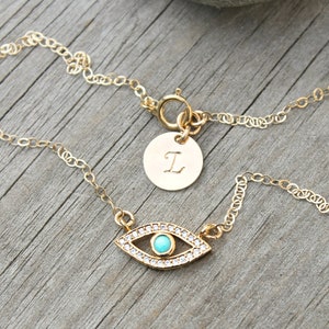 ANKLET, turquoise evil eye, eye of protection,14kt Gold filled chain,cubic zirconia diamonds,personalized custom initial disc,ankle bracelet image 1