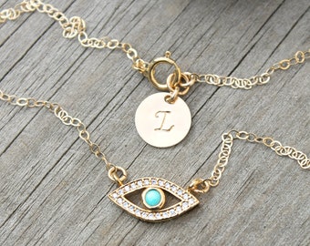 ANKLET, turquoise evil eye, eye of protection,14kt Gold filled chain,cubic zirconia diamonds,personalized custom initial disc,ankle bracelet