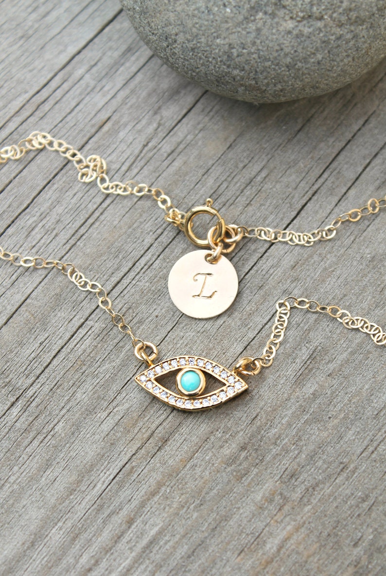 ANKLET, turquoise evil eye, eye of protection,14kt Gold filled chain,cubic zirconia diamonds,personalized custom initial disc,ankle bracelet image 1