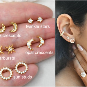 Celestial gold studs earrings: North Star, Opal crescent moon, sun, sunburst, starburst, cubic zirconia, multiple piercing, tiny studs