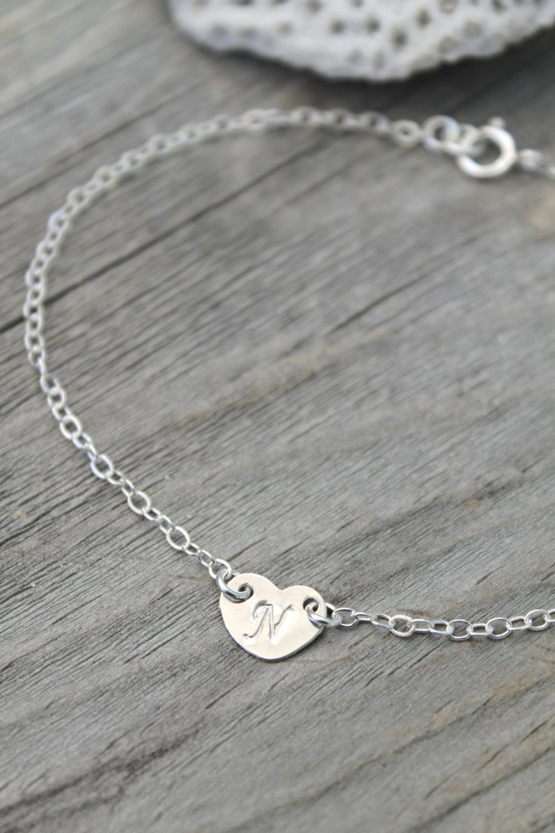 All 925 sterling silver tiny stamped initial Heart bracelet, personalized monogram, letter A B C D E F G H I J K L M N O P R S T V W Y Z image 3