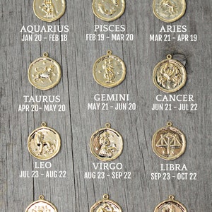 May include: Gold-colored zodiac coin necklaces, each featuring a different astrological symbol and corresponding dates. The necklaces are displayed on a rustic wooden surface. Text on the image reads "Zodiac Coin Necklaces" and "Potionumber 9".