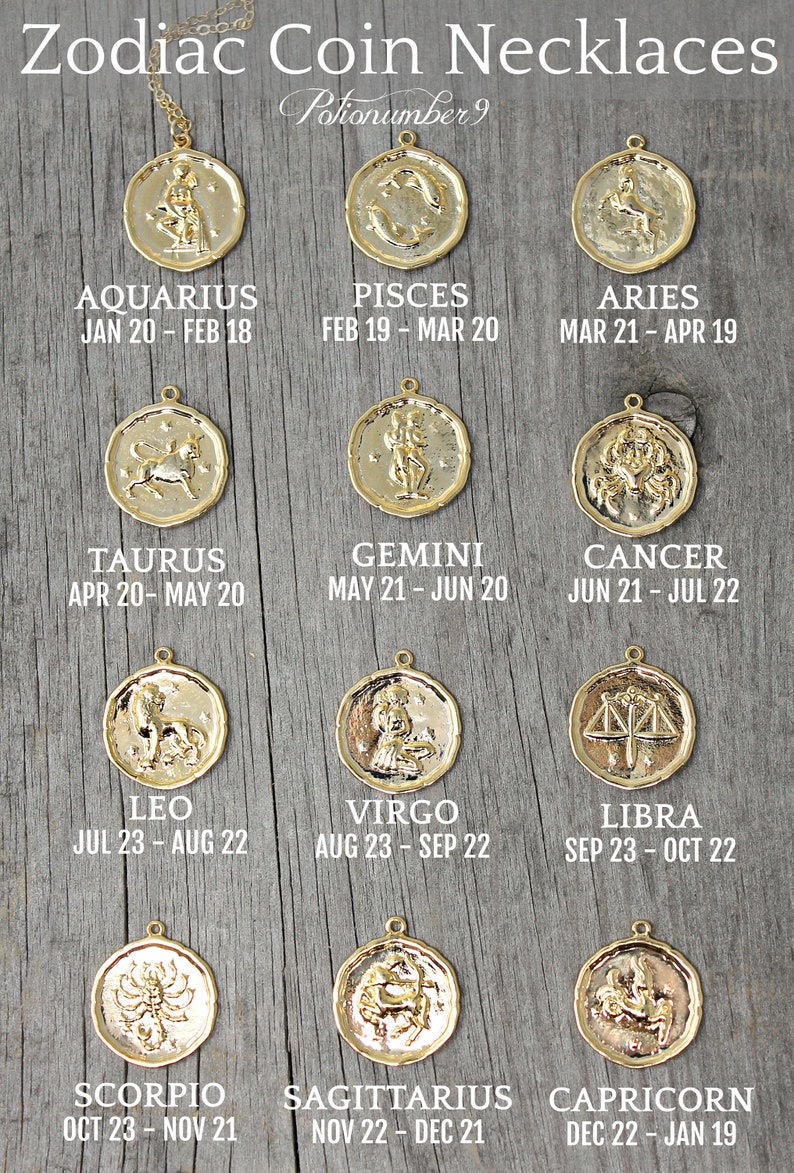 Gold Zodiac Necklace Coin 14k Gold Filled Chain Aquarius Etsy