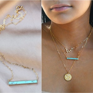 Collar de barra turquesa, cadena bañada en oro de 14 k, collar en capas, collar de piedras preciosas, boda en la playa, barra horizontal, regalo para ella, Navidad