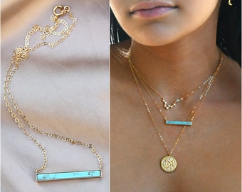 Turquoise bar necklace, 14k gold filled chain, layering necklace, Gemstone necklace, beach wedding, horizontal bar, gift for her, Christmas