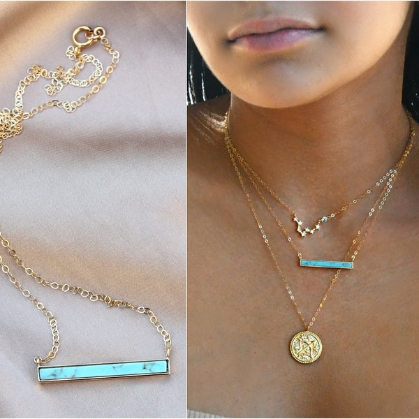 Turquoise bar necklace, 14k gold filled chain, layering necklace, Gemstone necklace, beach wedding, horizontal bar, gift for her, Christmas