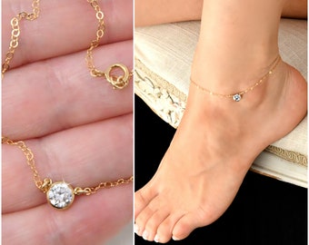 Cubic zirconia solitaire diamond ANKLET, 14k gold filled or 925 sterling silver, cz stone, ankle bracelet, foot chain