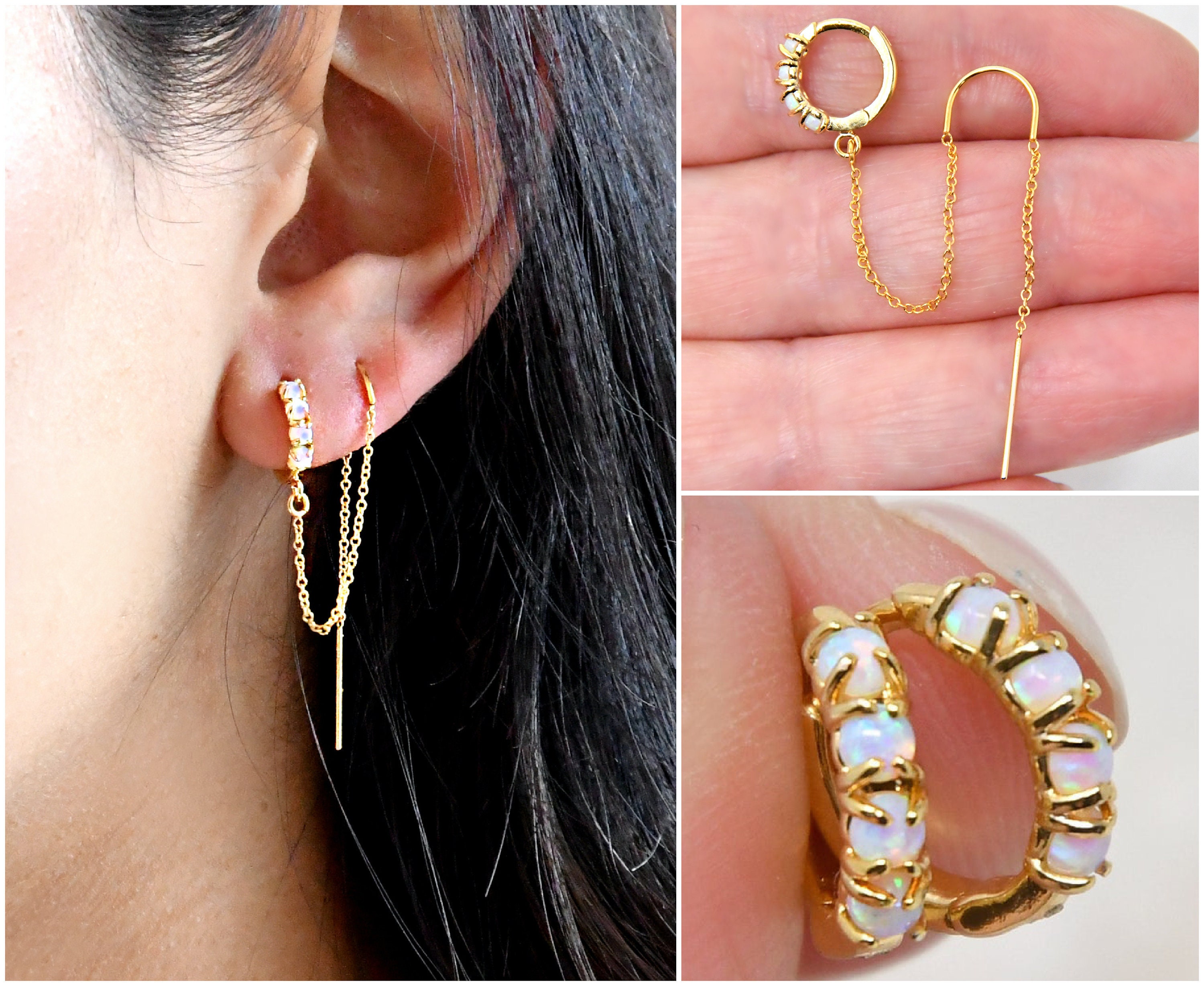 Threader & Opal Hoop Earrings Connected 14k Gold Filled - Etsy