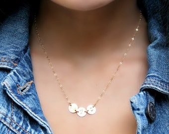 14k gold filled Initials Necklace, 2-10 custom stamped personalized discs, Monogram letter, Friends friendship Mother mom family 4 5 6 7 8 9