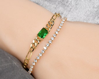Emerald green gold chain bracelet, emerald cut stone, cuban chain bracelet, Christmas jewelry, Holiday jewelry, Gift for her, gold chain