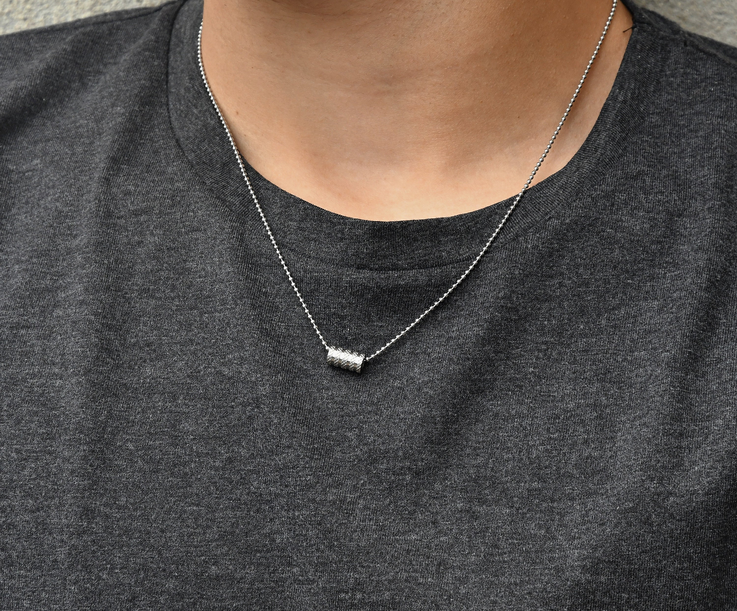Men Necklace, Tire Track Tube Bead, Stainless Steel Ball Chain