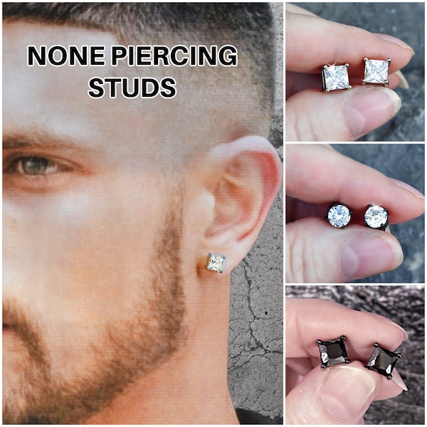 Non piercing earrings, square cubic zirconia, black stainless steel, Men's studs, non tarnish unisex magnet studs, gift for him, boyfriend