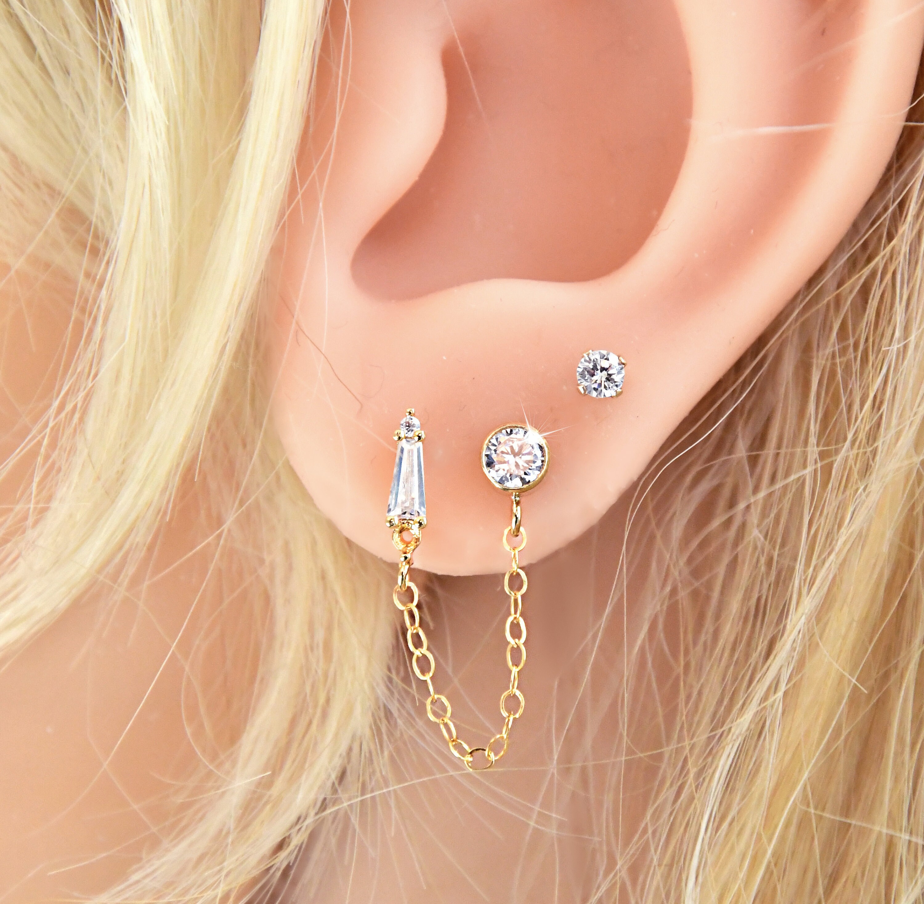 Doublepiercings Set two connected earrings 14k gold filled Etsy