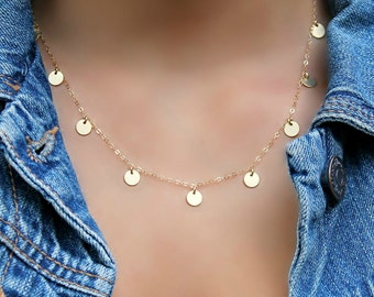 Gold coin necklace, Fine 14K Gold Filled chain, celebrity inspired, mini tiny coins, little discs, great for layering, Mimi Ikonn