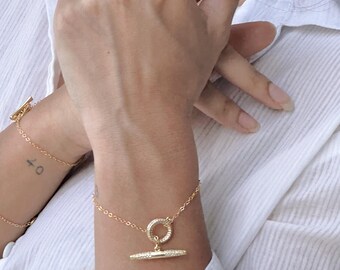 Toggle clasp bracelet, cubic zirconia stones, cz diamonds, 14K Gold Filled chain, gift for her