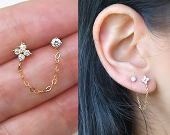 Flower double-piercings Set, two connected earrings, 14k gold filled chain, cz diamond stud, cubic zirconia stones, 4petal, Christmas gift