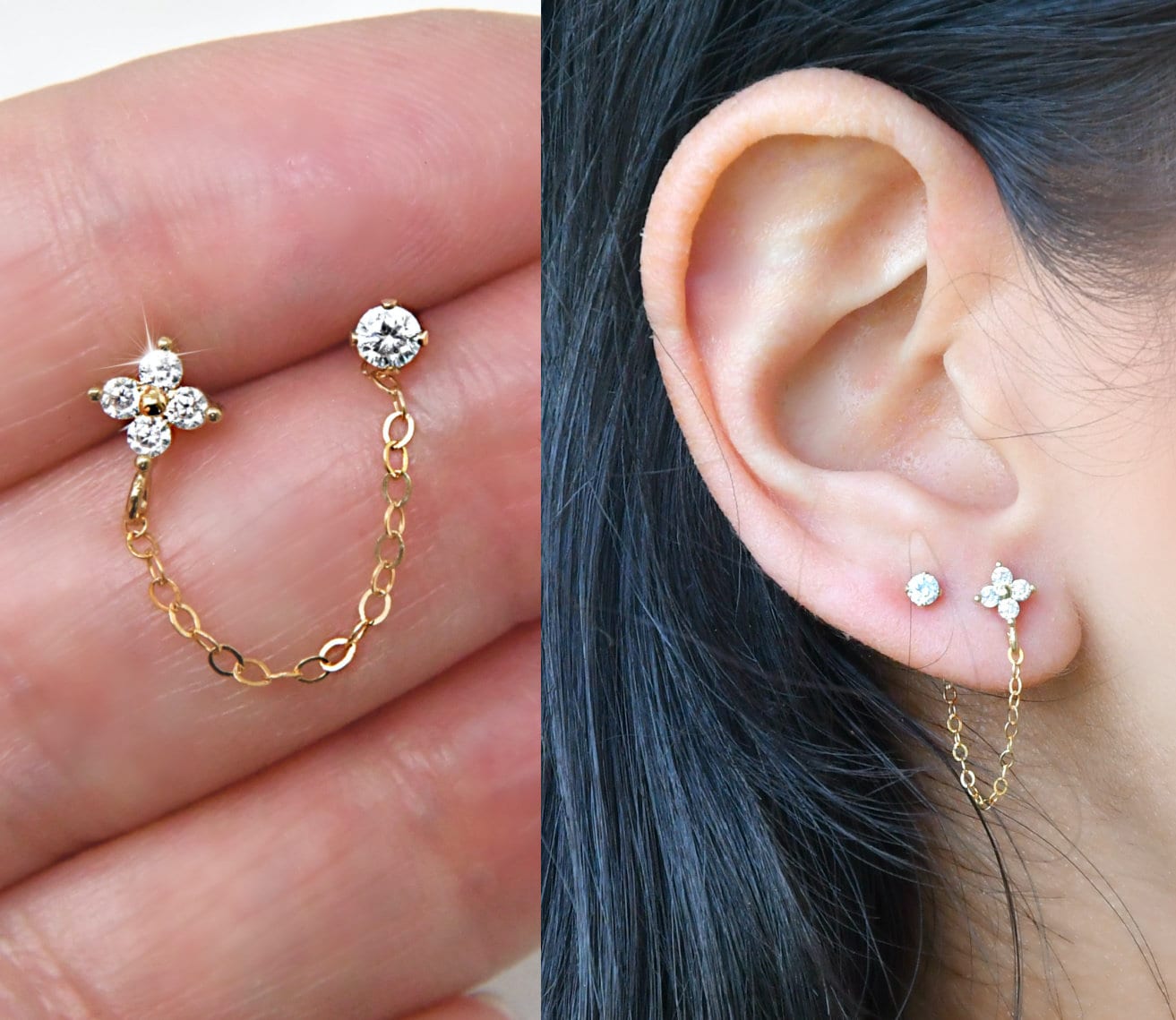 Double Piercing Earrings, Multiple Piercing Connected Earrings with Chain Gold