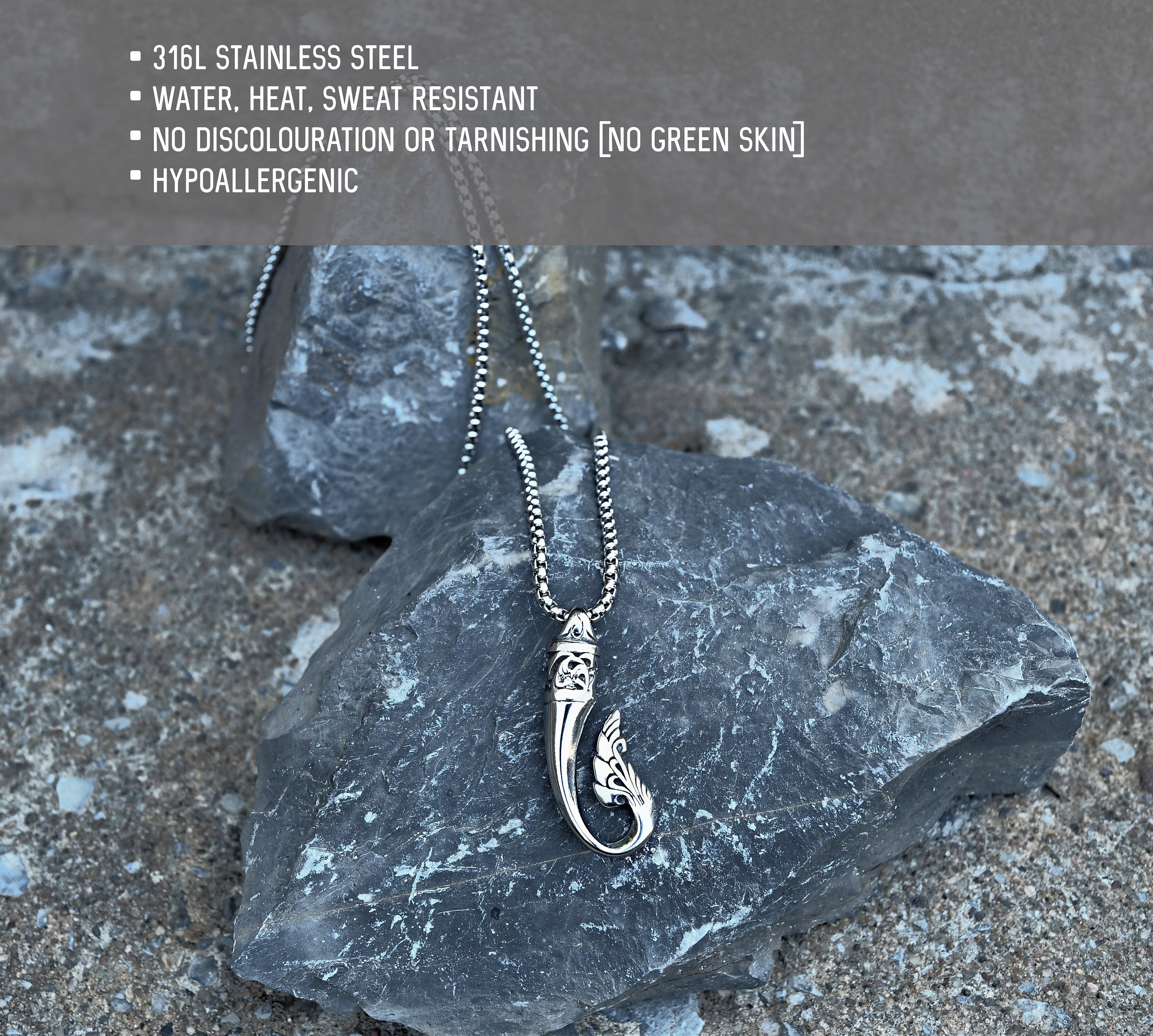 COOLSTEELANDBEYOND Stile retrò Gufo Picchio Pesce Scheletro Osseo Ciondolo, Collana Uomo Ragazzi, Acciaio, Catena Grano 75cm