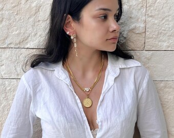 Large medallion necklace, gold stainless steel pendant, engraved pendant