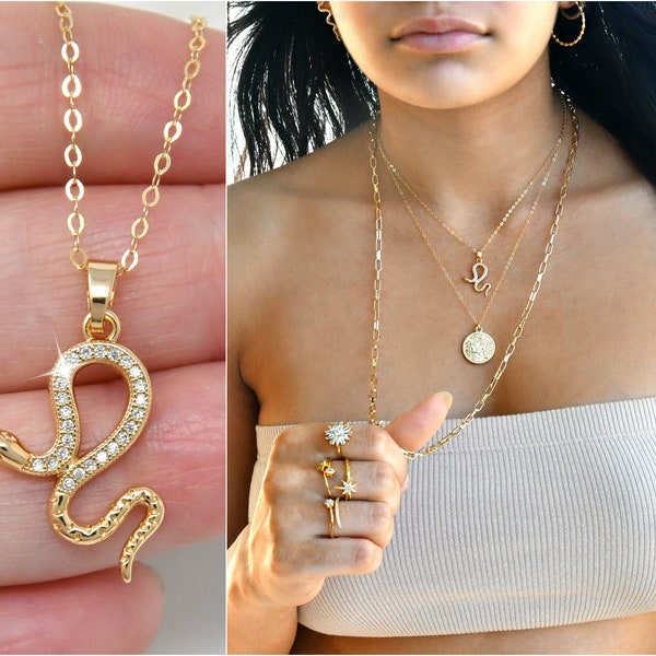 Kundalini Schlangenkette, 14K Gold Filled Kette, Pavé cz Diamanten, Zirkonia, spirituelles Symbol der Göttlichen Weiblichkeit, Weihnachtsgeschenk