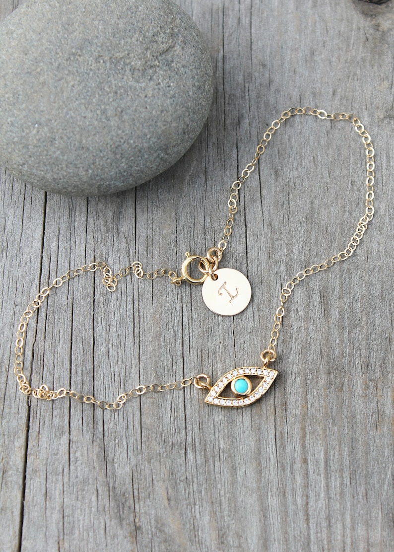 ANKLET, turquoise evil eye, eye of protection,14kt Gold filled chain,cubic zirconia diamonds,personalized custom initial disc,ankle bracelet image 3